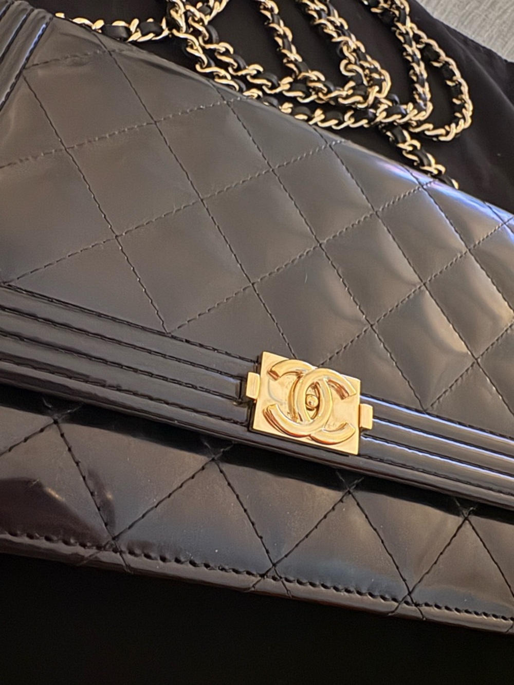 CHANEL Black Quilted Lambskin Shoulder Bag with Gold Hardware